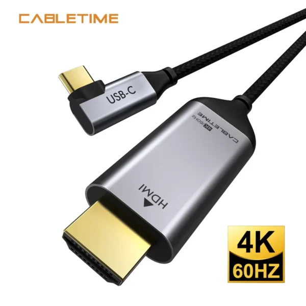 Cable USB-C 90º macho a HDMI macho 4K 60Hz 1.8M - CABLETIME CC11K | Conexión en ángulo para transmisión Ultra HD Cable USB-C 90 grados a HDMI macho 4K 60Hz de 1.8 metros CABLETIME CC11K, ideal para conectar laptops, tablets o smartphones a pantallas y monitores Ultra HD con transmisión estable y diseño en ángulo ergonómico.