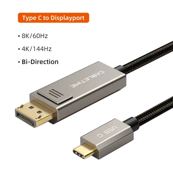 Cable USB-C macho a DisplayPort macho bidireccional 8K y 4K de 2 metros CABLETIME CC23L, diseñado para transmitir video en ultra alta definición con máxima nitidez, compatibilidad universal y conexión estable.