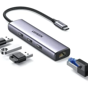 Adaptador 4 en 1 CM475 modelo 60600 con USB-C a RJ-45 y tres puertos USB 3.0, diseño compacto en color metálico.
