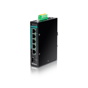 Switch industrial TRENDnet de 5 puertos Gigabit PoE+ y 1 SFP | TI-PG541 – vista 2