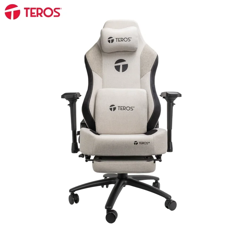 Silla gamer TEROS TE-8127CRB, 180°, Almohada, Color crema y negro