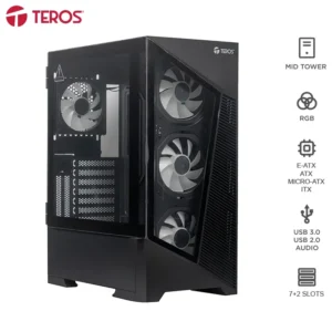 Case sin fuente gamer TEROS TE-1330G, Mid Tower, E-ATX/ATX/MICRO-ATX/IT, USB-A, Audio vista 2