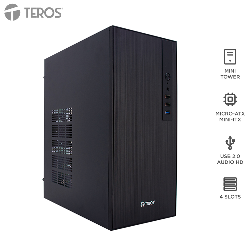Case con fuente TEROS TE-1034S, Mini Tower, MICRO-ATX, MINI-ITX, USB, Audio, 250W