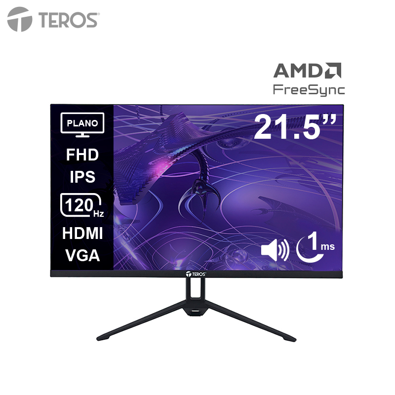 Monitor plano TEROS TE-2133S, 21.5" FHD IPS, 120Hz, 1ms, HDMI, VGA, Audio out, Parlantes, TE2133S