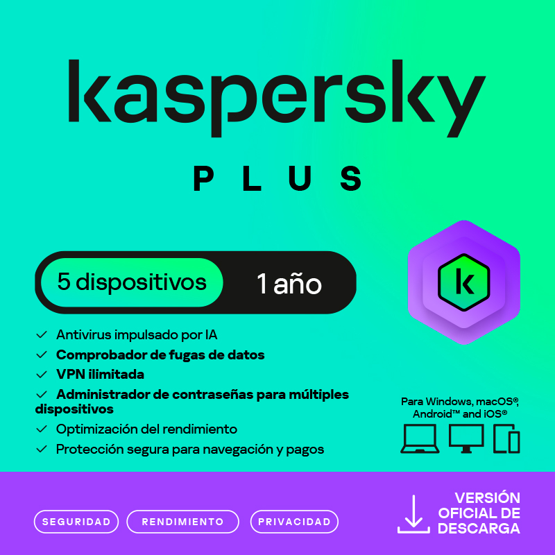 Antivirus Kaspersky Plus, para 3 PCs, Lic 1 año, Producto Virtual, KL1042DDCFS