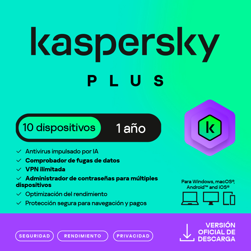 Antivirus Kaspersky Plus, para 10 PCs, Lic 1 año, Producto Virtual, KL1042DDKFS