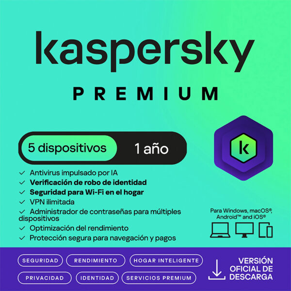 Antivirus Kaspersky Premium - Antivirus Kaspersky Premium, para 5 PCs, Lic 1 año, Producto Virtual, KL1047DDEFS