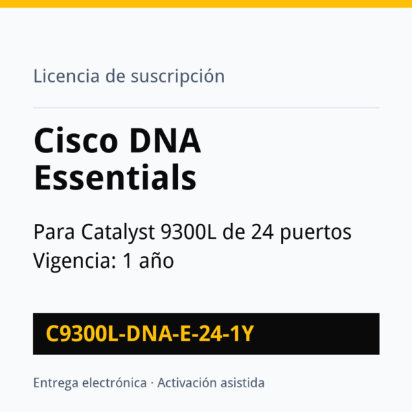 Licencia Cisco DNA Essentials C9300L-DNA-E-24-1Y - Licencia Cisco DNA Essentials C9300L-DNA-E-24-1Y para Catalyst 9300L de 24 puertos, 1 año
