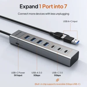 Hub USB-A y USB-C 7 en 1: 4 USB-A 3.0 + 3 USB-C 3.0 (5 Gbps) con alimentación USB-C CABLETIME CB58G 5 Hub USB-A y USB-C 7 en 1: 4 USB-A 3.0 + 3 USB-C 3.0 (5 Gbps) con alimentación USB-C CABLETIME CB58G – vista 2