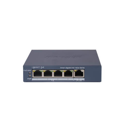 Hikvision DS-3E1505P-EI/M Smart switch administrable 4 PoE Gigabit + 1 uplink RJ45 Gigabit, 45W, bajo consumo