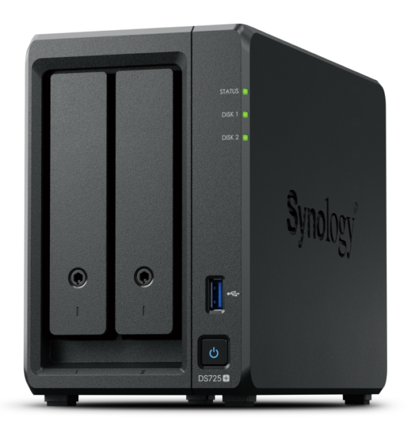 NAS Synology DiskStation DS725+ - NAS Synology DiskStation DS725+ de 2 bahías, AMD Ryzen R1600, 4 GB DDR4 ECC, 1× 1GbE + 1× 2.5GbE, M.2 NVMe