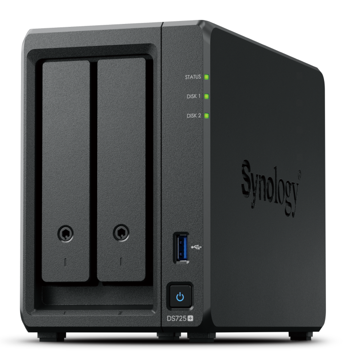 NAS Synology DiskStation DS725+ de 2 bahías, AMD Ryzen R1600, 4 GB DDR4 ECC, 1× 1GbE + 1× 2.5GbE, M.2 NVMe
