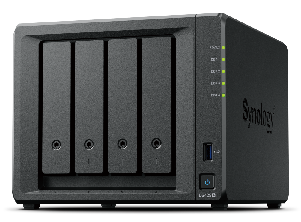 NAS Synology DiskStation DS425+ de 4 bahías, Intel Celeron J4125, 2 GB DDR4, 1× 1GbE + 1× 2.5GbE, M.2 NVMe