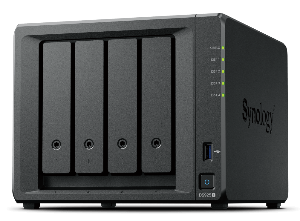 NAS Synology DiskStation DS925+ de 4 bahías, AMD Ryzen V1500B, 4 GB DDR4 ECC, 2× 2.5GbE, M.2 NVMe