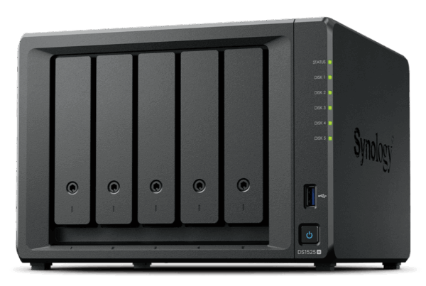 NAS Synology DiskStation DS1525+ - NAS Synology DiskStation DS1525+ de 5 bahías, AMD Ryzen V1500B, 8 GB DDR4 ECC, 2× 2.5GbE, M.2 NVMe