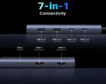 Hub USB-C 7 en 1 UGREEN con 2 HDMI 4K@60Hz, USB 3.2 de 10 Gbps y PD 100W 45379