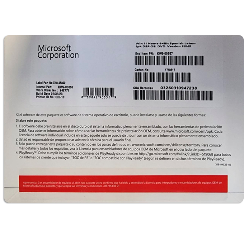 Sistema Operativo Microsoft Windows Home 11, 64 bits, español, 1pk, DSP OEM DVD KW9-00657