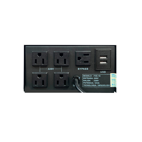 Estabilizador Elise - Fase FXE-10, Sólido, 1.0kVA, 4 tomas a 220VAC, 1 toma By-pass 1 Estabilizador Elise - Fase FXE-10, Sólido, 1.0kVA, 4 tomas a 220VAC, 1 toma By-pass vista 2